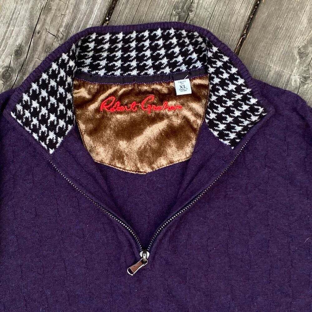Vintage Robert Graham Stretch Knit 1/4 Zip Pullover 100% Wool Sweater XL Purple